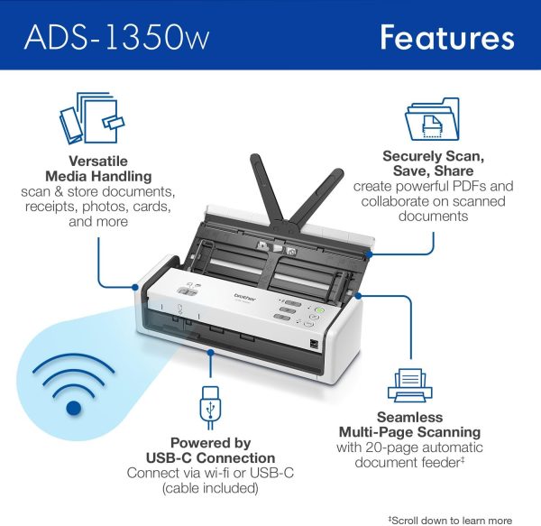 Brother ADS-1350W Wireless Compact Desktop Scanner | Scan Speeds of Up to 30ppm | Single Pass Double-Sided Scanning - Image 3