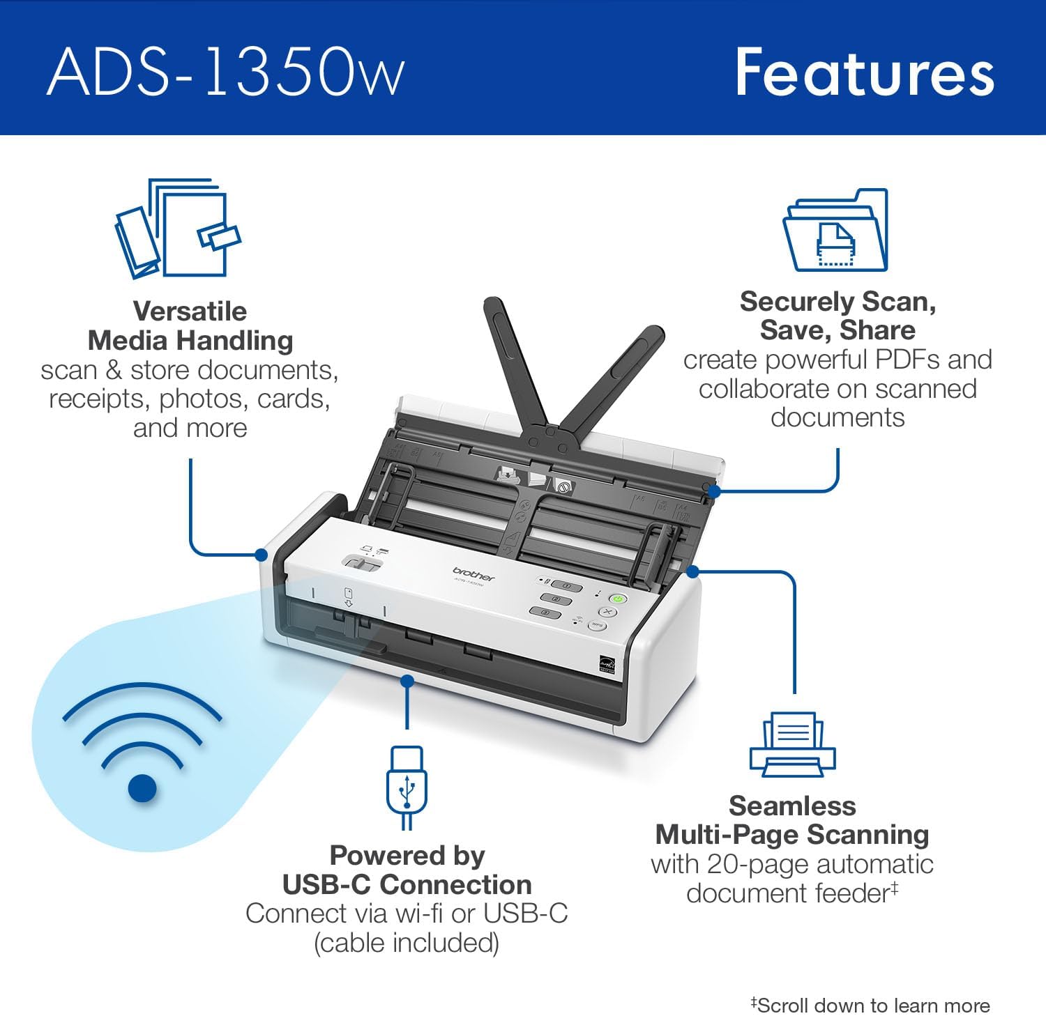 Brother ADS-1350W Wireless Compact Desktop Scanner | Scan Speeds of Up to 30ppm | Single Pass Double-Sided Scanning - Image 3
