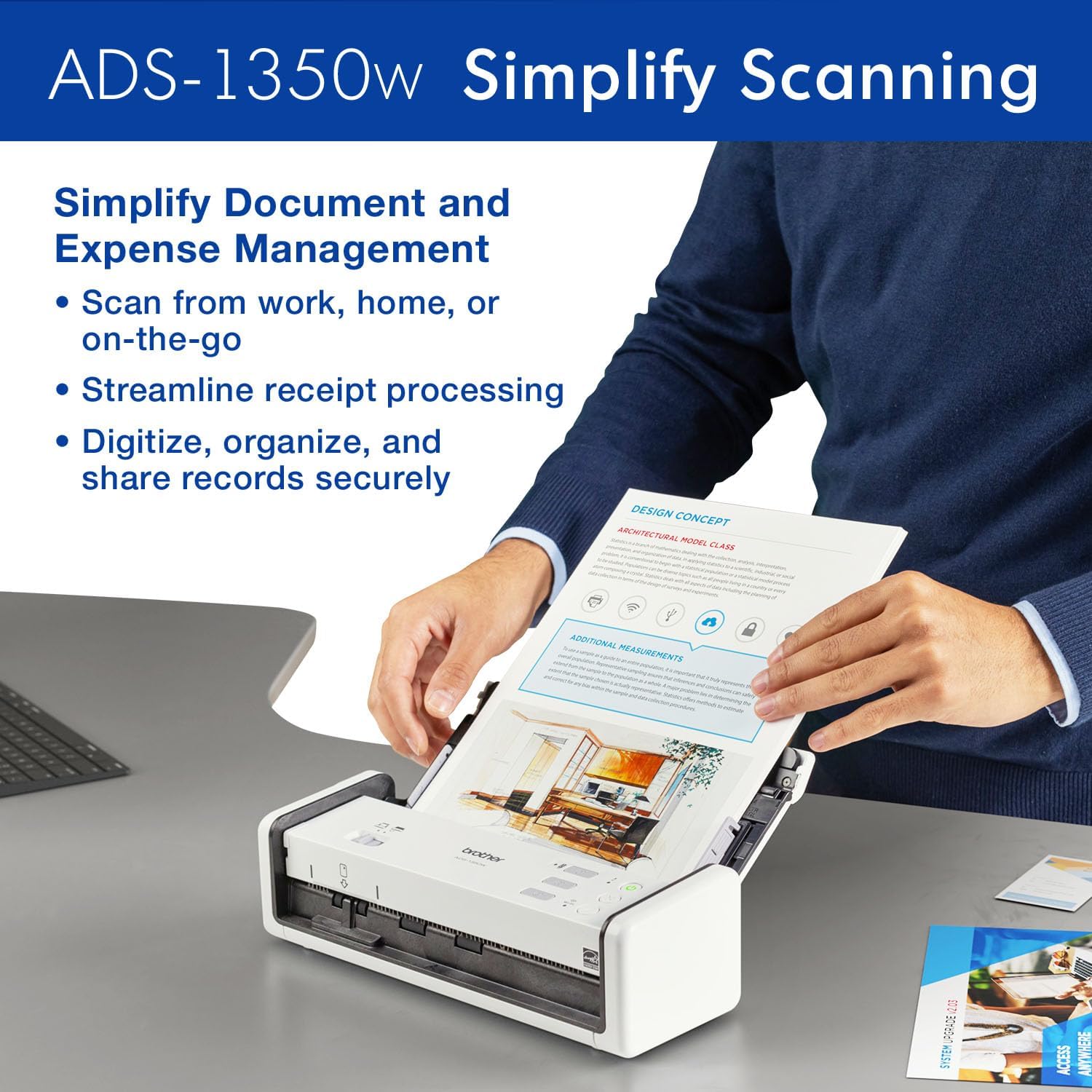 Brother ADS-1350W Wireless Compact Desktop Scanner | Scan Speeds of Up to 30ppm | Single Pass Double-Sided Scanning - Image 4