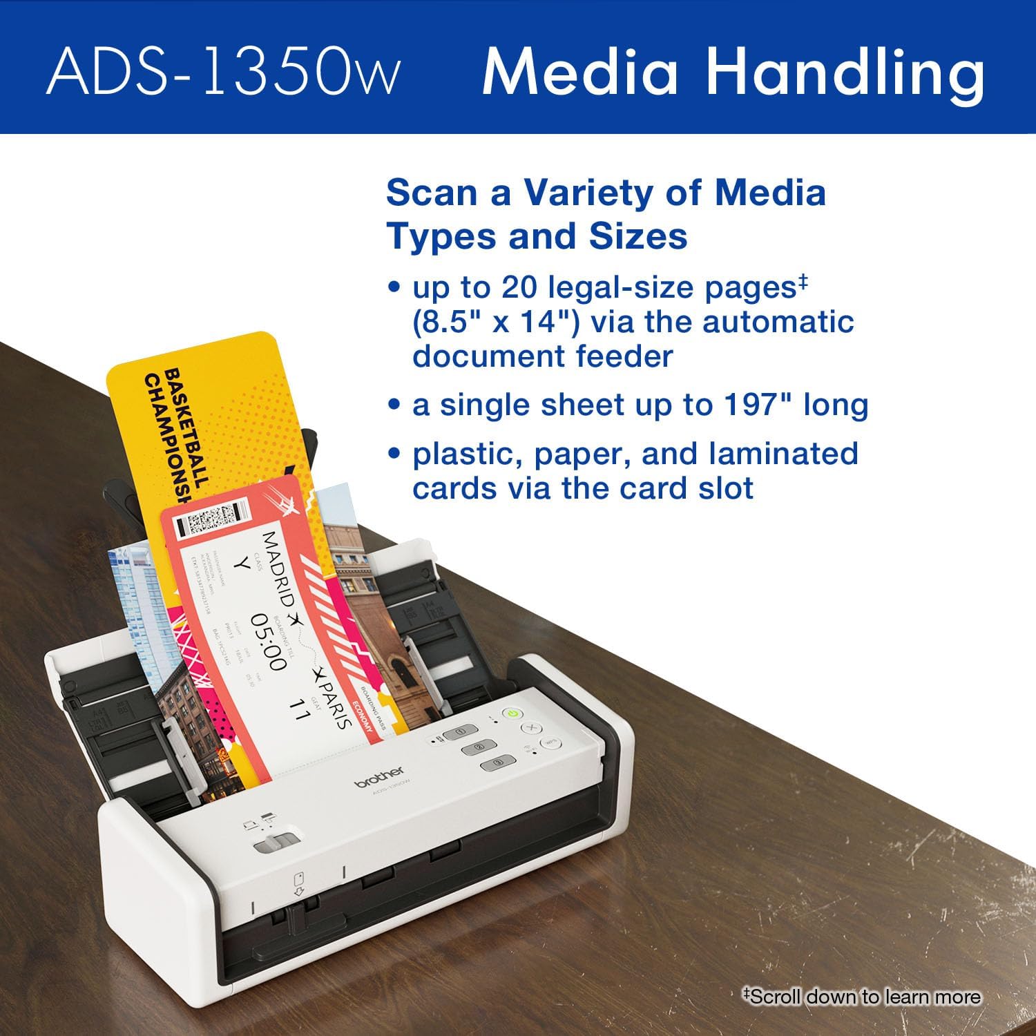 Brother ADS-1350W Wireless Compact Desktop Scanner | Scan Speeds of Up to 30ppm | Single Pass Double-Sided Scanning - Image 5