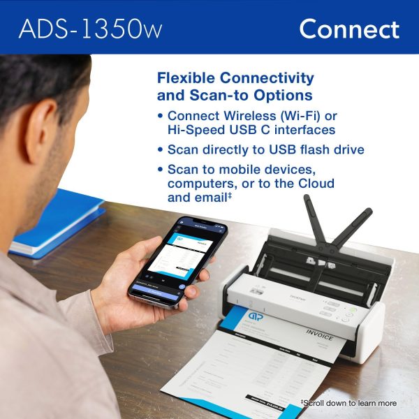 Brother ADS-1350W Wireless Compact Desktop Scanner | Scan Speeds of Up to 30ppm | Single Pass Double-Sided Scanning - Image 6