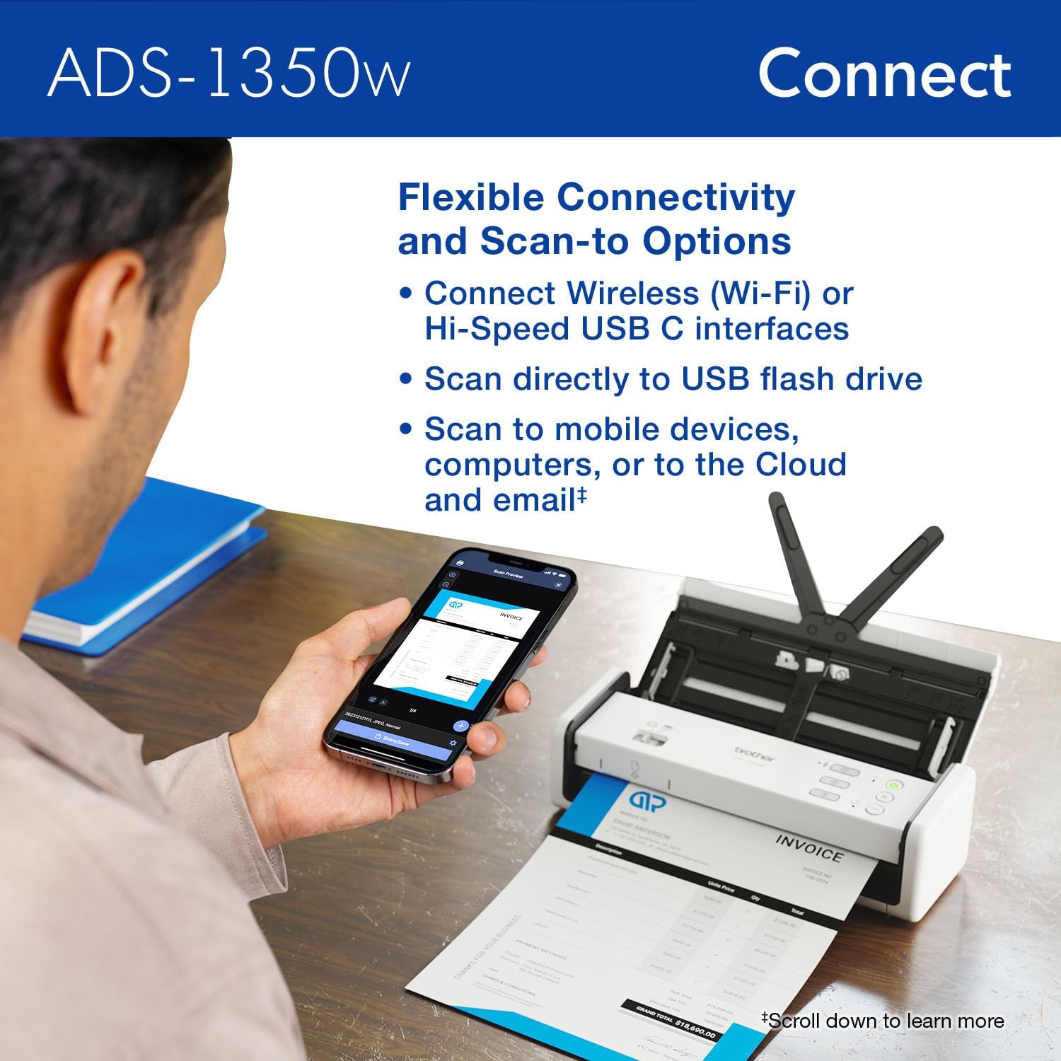 Brother ADS-1350W Wireless Compact Desktop Scanner | Scan Speeds of Up to 30ppm | Single Pass Double-Sided Scanning - Image 6