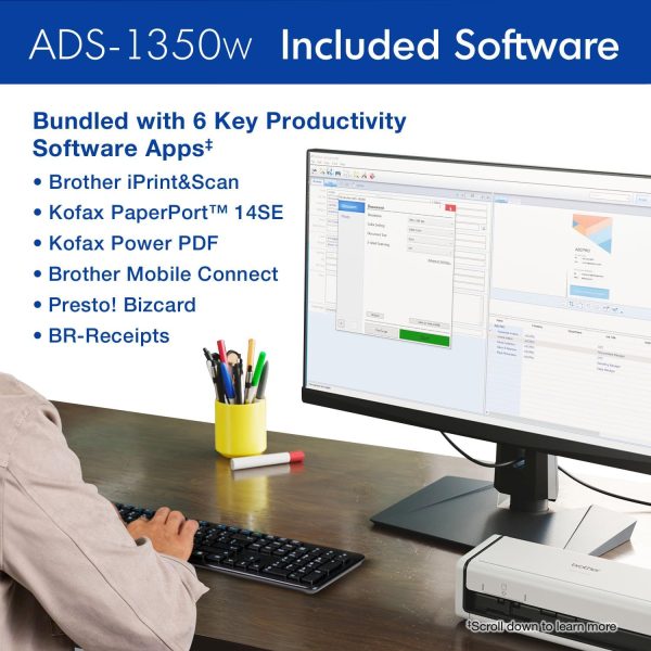 Brother ADS-1350W Wireless Compact Desktop Scanner | Scan Speeds of Up to 30ppm | Single Pass Double-Sided Scanning - Image 7