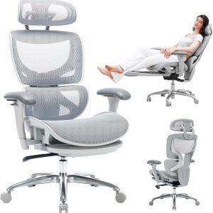 Ergonomic Mesh Office Chair with Footrest, Executive High Back Computer Desk Chair with Wide Headrest and Adjustable 3D Arms, Backrest, Tilt Lock and Lumbar Support-Grey
