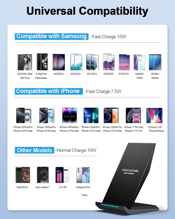 Fast Wireless Charger, [2 Pack] NANAMI Qi Certified Wireless Charging Stand Compatible iPhone 16/16 Pro/16 Pro Max/15/14/13/12/11 Pro, Phone Charger for Galaxy S25/S24/S23/S22/S21 and Qi-Enabled Phone - Image 2
