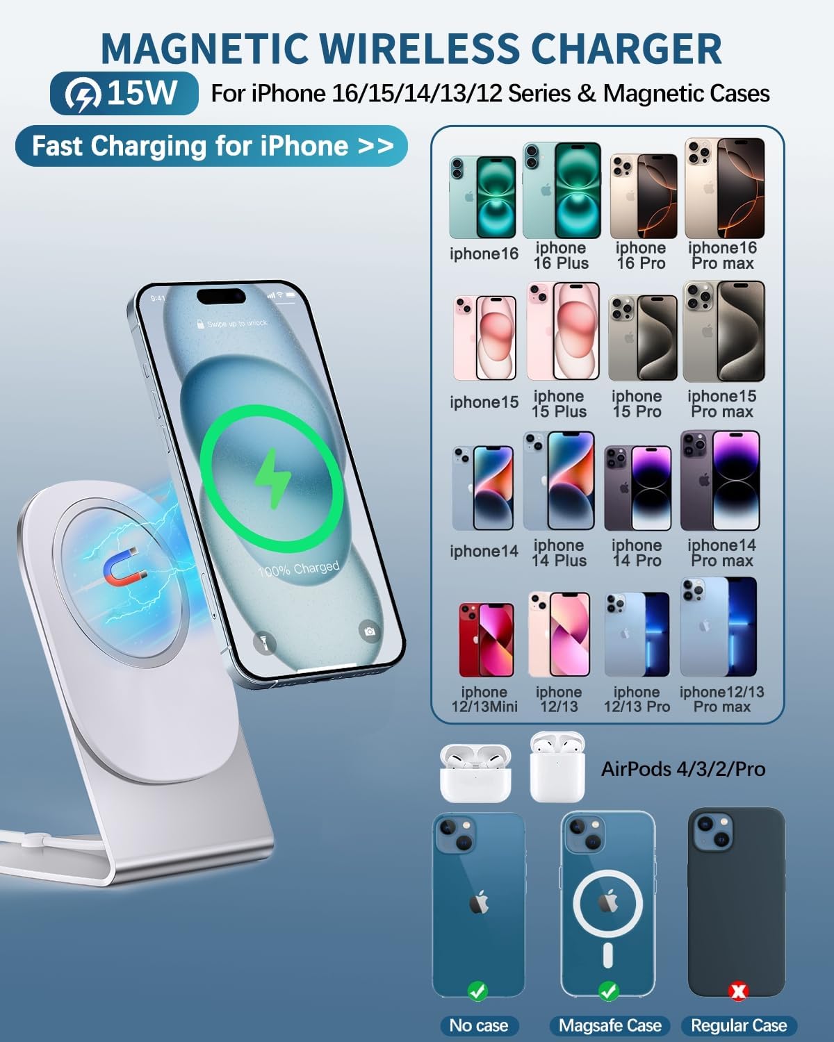 Magnetic Wireless Charger Mag-Safe Charger for iPhone 16/15/14/13/12 Series Convertible Magnet Wireless Charging Stand/Pad with 5ft Cable for iPhone and AirPods 2/3/Pro 2/Pro - Image 3