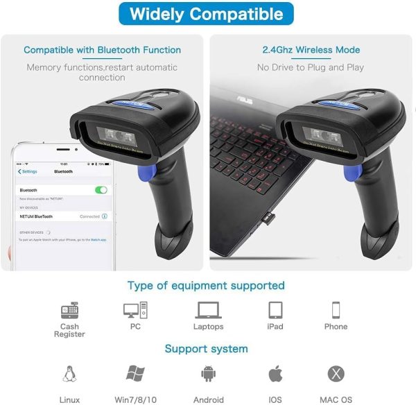 NETUM Bluetooth Barcode Scanner, Compatible with 2.4G Wireless & Bluetooth Function & Wired Connection, Connect Smart Phone, Tablet, PC, CCD Bar Code Reader Work with Windows, Mac,Android (NT-1228BC) - Image 3