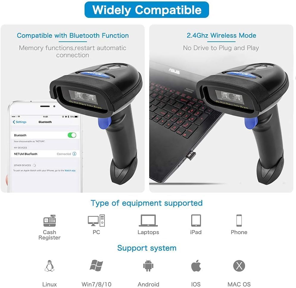 NETUM Bluetooth Barcode Scanner, Compatible with 2.4G Wireless & Bluetooth Function & Wired Connection, Connect Smart Phone, Tablet, PC, CCD Bar Code Reader Work with Windows, Mac,Android (NT-1228BC) - Image 3